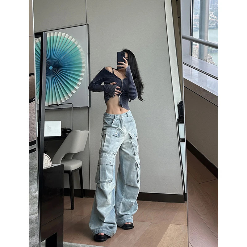 Y2K Style Blue Jeans: High Waist Streetwear Wide Leg Pants