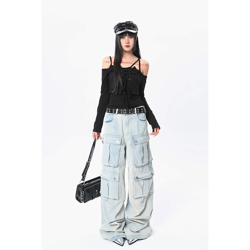 Y2K Style Blue Jeans: High Waist Streetwear Wide Leg Pants