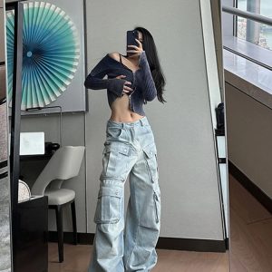 Y2K Style Blue Jeans: High Waist Streetwear Wide Leg Pants