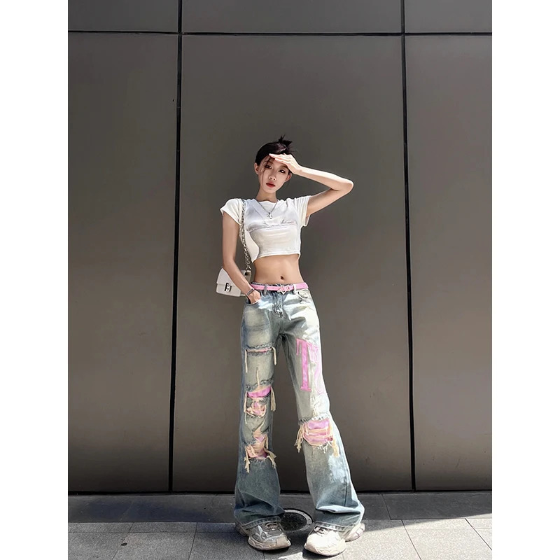 Y2K Style Blue Jeans: Vintage High Waist Wide Leg Pants for Women