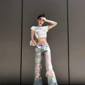 Y2K Style Blue Jeans: Vintage High Waist Wide Leg Pants for Women