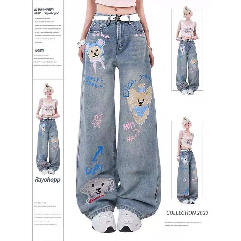 Y2K Style Blue Jeans Women's Graffiti High Waist Wide Leg Pants - Streetwear Fashion Statement