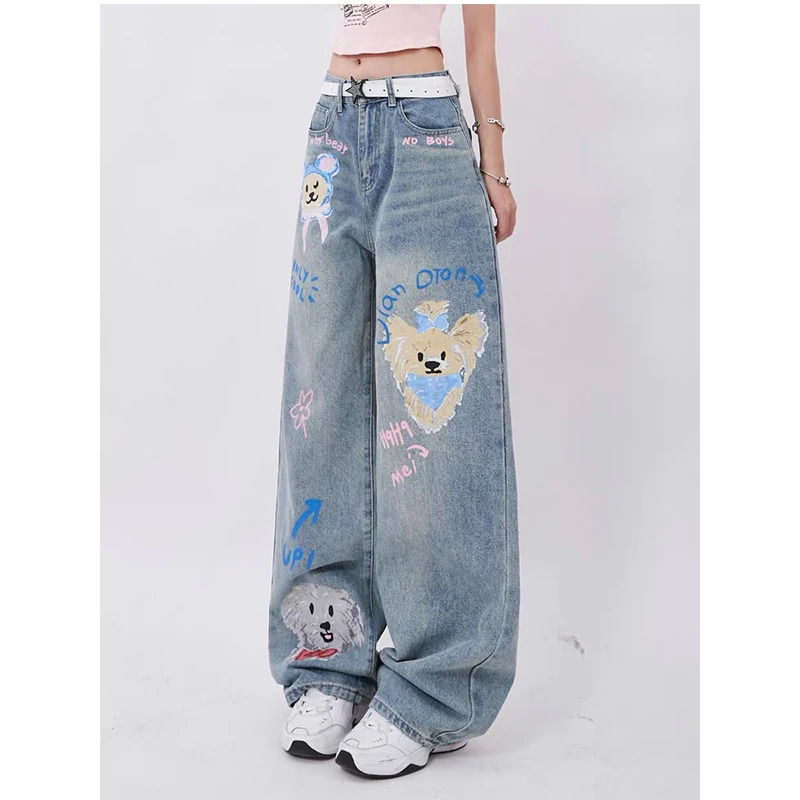 Y2K Style Blue Jeans Women's Graffiti High Waist Wide Leg Pants - Streetwear Fashion Statement