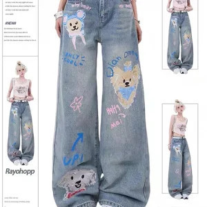 Y2K Style Blue Jeans Women's Graffiti High Waist Wide Leg Pants - Streetwear Fashion Statement