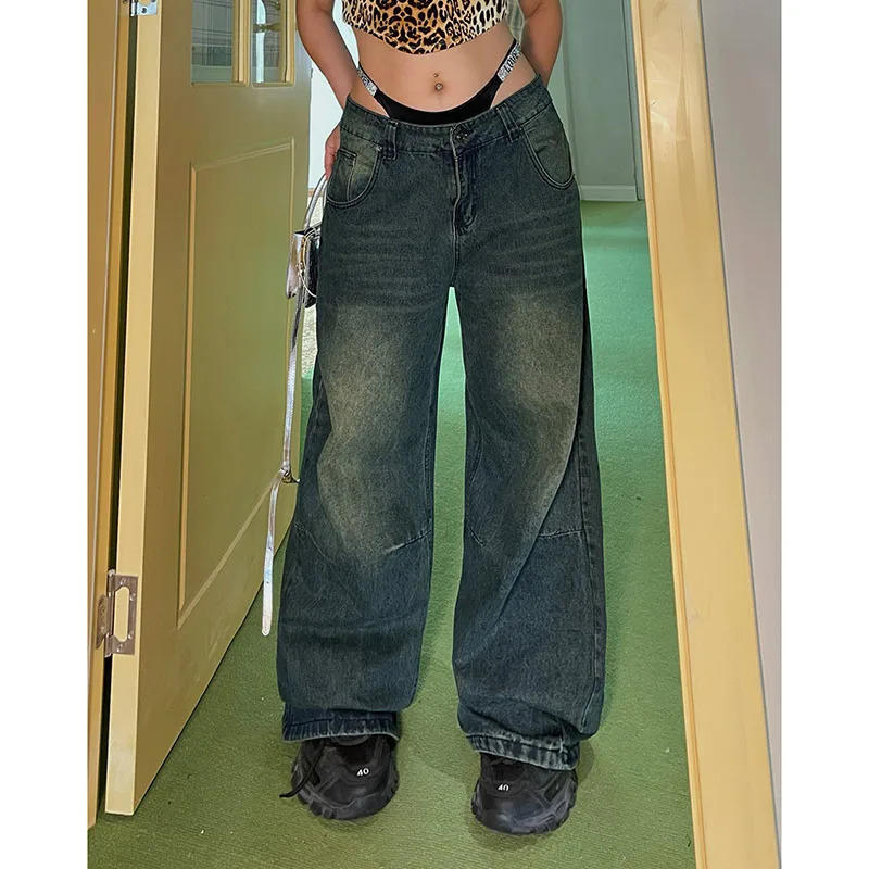 Y2K Style Blue Women Jeans - Vintage Chic High Waisted Streetwear Wide Leg Denim Pants