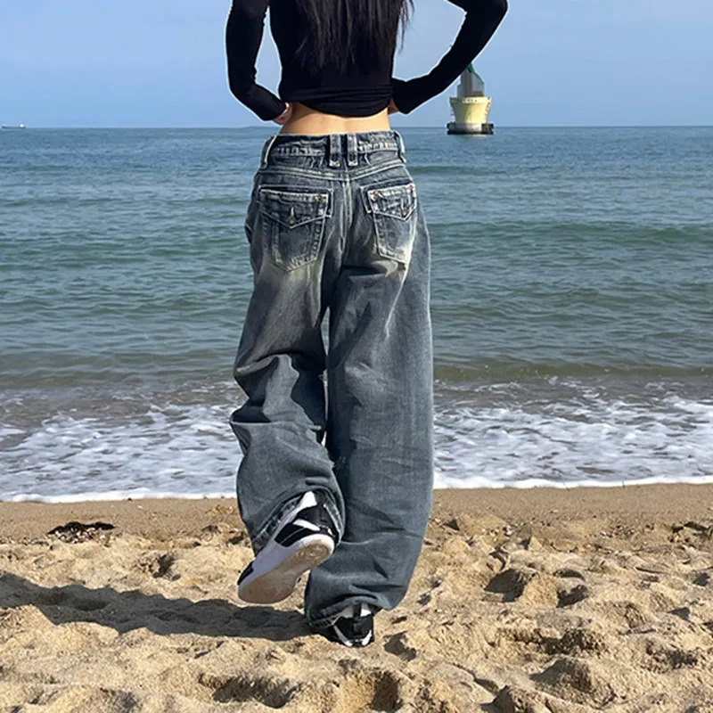 Y2K Style Blue Women Jeans 2024 Vintage Fashion High Waisted Streetwear Wide Leg Jean Female Trouser Hip Hop