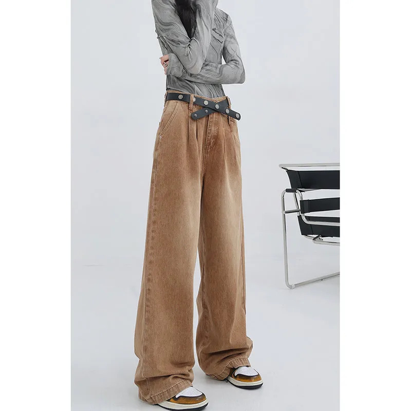 Y2K Style Brown High Waist Wide Leg Jeans - American Street Fashion Vintage 90s Grunge Outfit