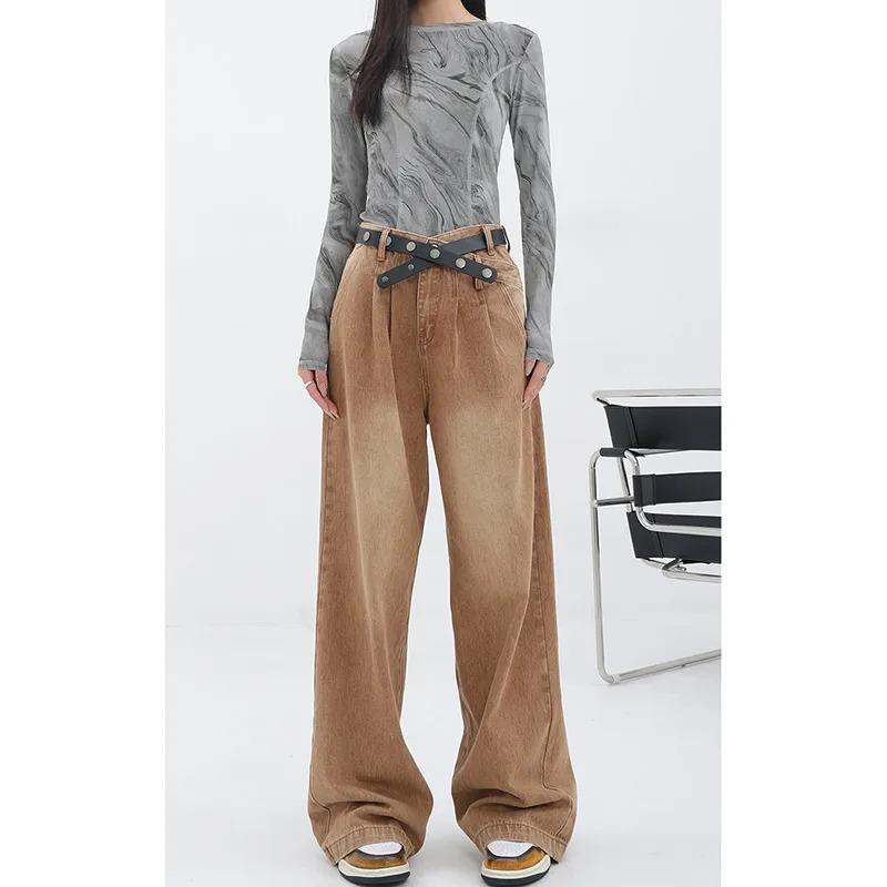 Y2K Style Brown High Waist Wide Leg Jeans - American Street Fashion Vintage 90s Grunge Outfit