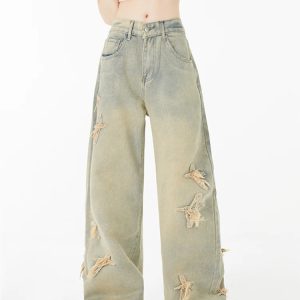 Y2K Style Embroidered High Waist Wide Leg Jeans - Vintage American Fashion