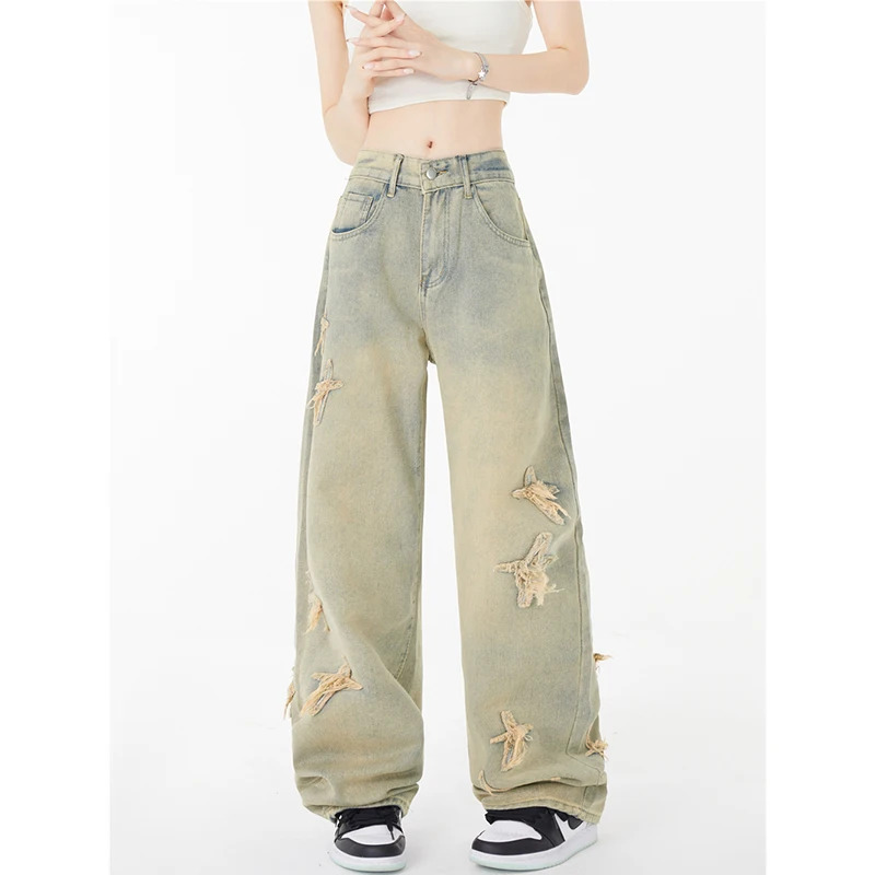 Y2K Style Embroidered High Waist Wide Leg Jeans - Vintage American Fashion