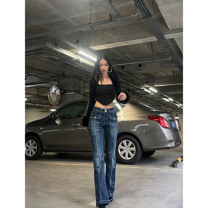 Y2K Style High Waist Blue Jeans - American Street Fashion Hip Hop Vintage Straight Wide Leg Pants