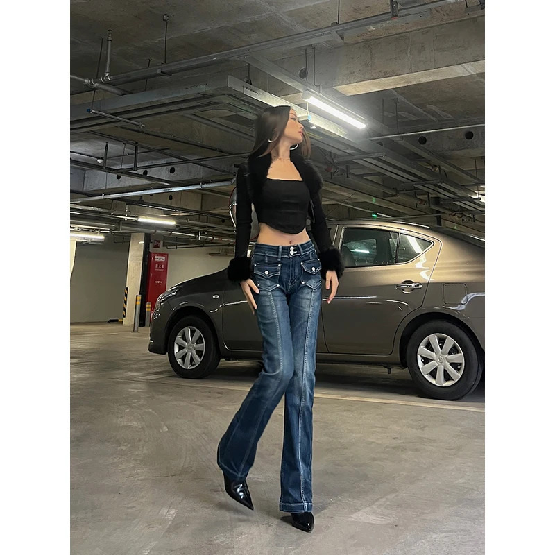 Y2K Style High Waist Blue Jeans - American Street Fashion Hip Hop Vintage Straight Wide Leg Pants