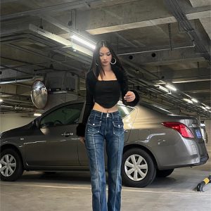 Y2K Style High Waist Blue Jeans - American Street Fashion Hip Hop Vintage Straight Wide Leg Pants