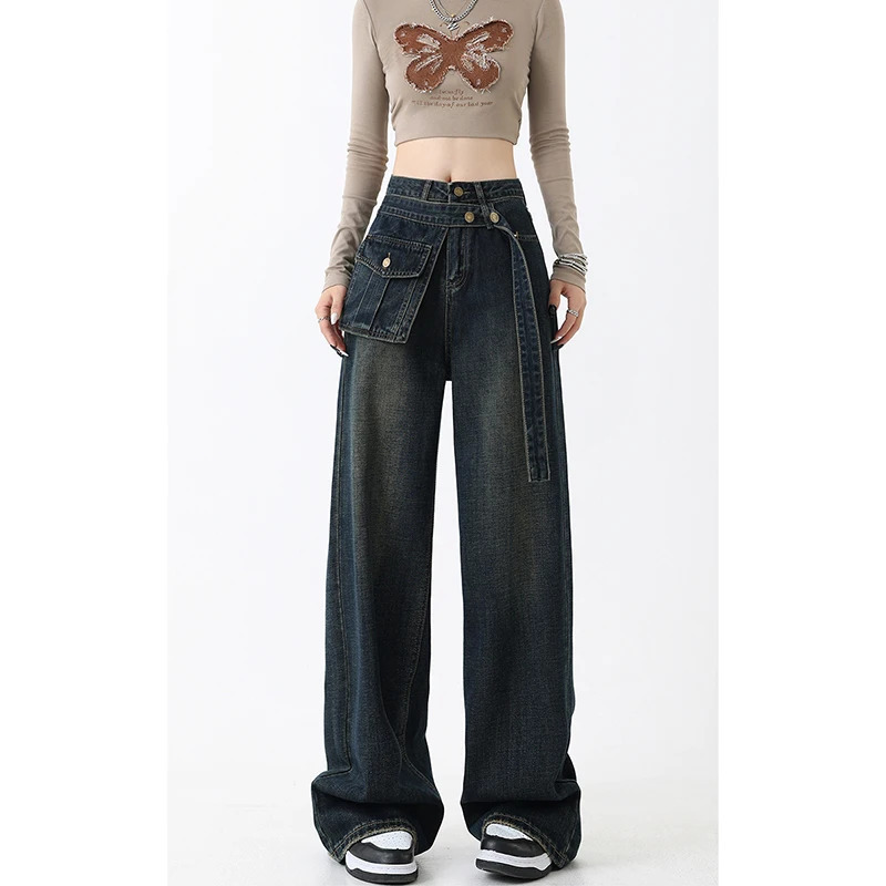 Y2K Style High Waist Blue Jeans with Belt - Retro Streetwear Fashion for Women