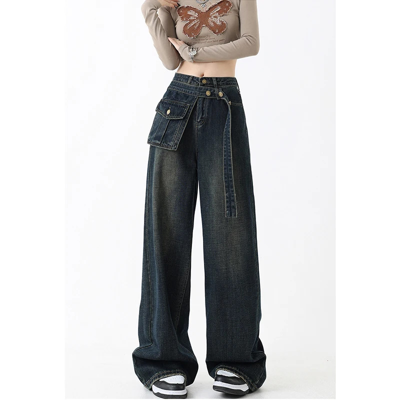 Y2K Style High Waist Blue Jeans with Belt - Retro Streetwear Fashion for Women