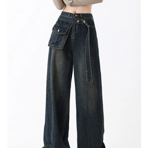 Y2K Style High Waist Blue Jeans with Belt - Retro Streetwear Fashion for Women