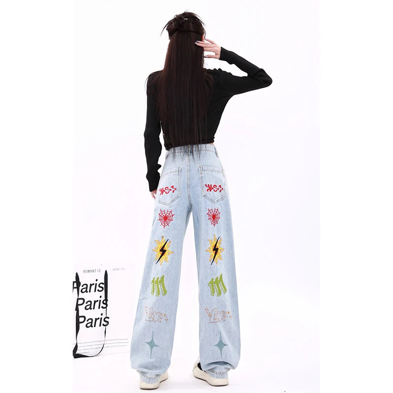 Y2K Style High Waist Graffiti Streetwear Wide Leg Pants - Blue Jeans Women's Fashion