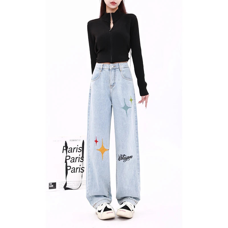 Y2K Style High Waist Graffiti Streetwear Wide Leg Pants - Blue Jeans Women's Fashion