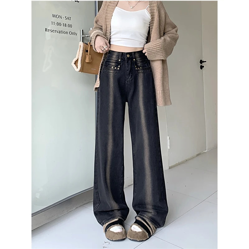 Y2K Style High Waist Vintage Denim Pants for Women - Streetwear Fashion with Wide Leg and Straight Fit