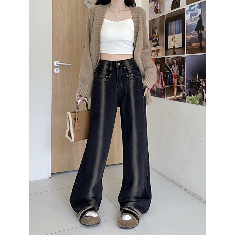 Y2K Style High Waist Vintage Denim Pants for Women - Streetwear Fashion with Wide Leg and Straight Fit