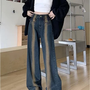 Y2K Style High Waist Vintage Denim Pants for Women - Streetwear Fashion with Wide Leg and Straight Fit