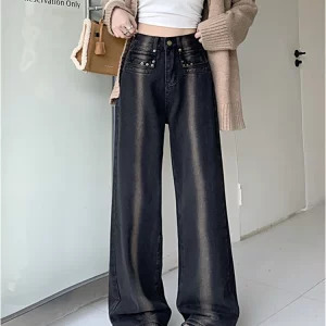 Y2K Style High Waist Vintage Denim Pants for Women - Streetwear Fashion with Wide Leg and Straight Fit