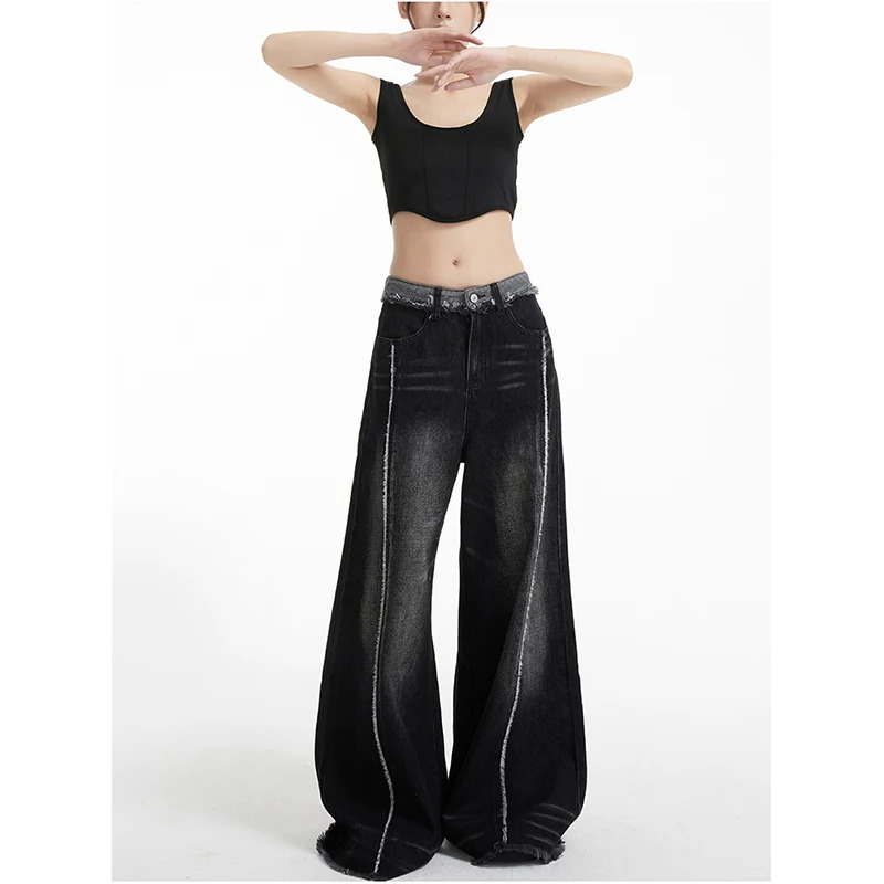 Y2K Style High Waist Vintage Denim Pants for Women - Streetwear Straight Leg Jeans with Wide Leg Design