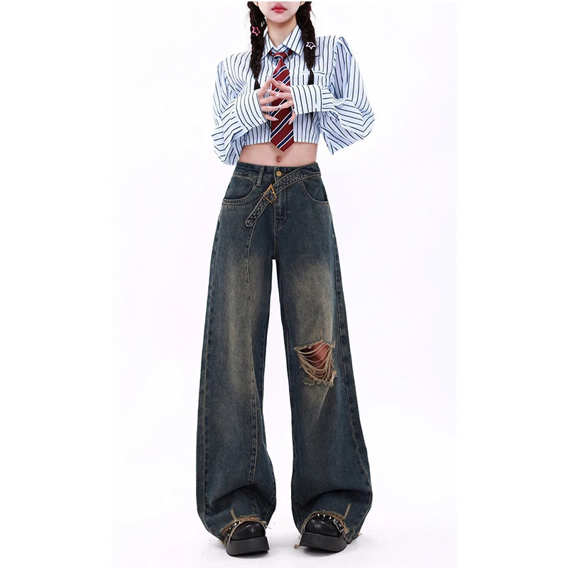 Y2K Style High Waist Wide Leg Blue Jeans with Belt - Women's Streetwear Fashion