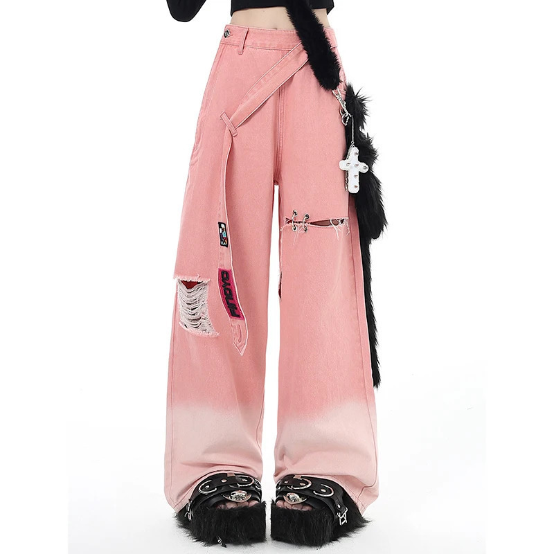 Y2K Style Pink High Waist Wide Leg Jeans with Belt - Streetwear Fashion for Women