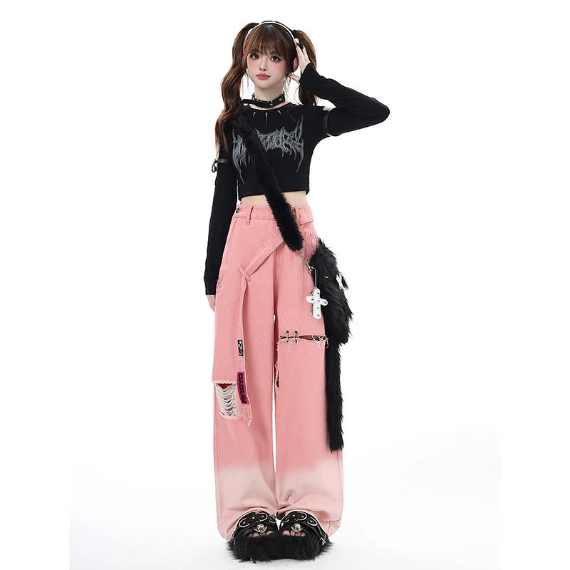 Y2K Style Pink High Waist Wide Leg Jeans with Belt - Streetwear Fashion for Women