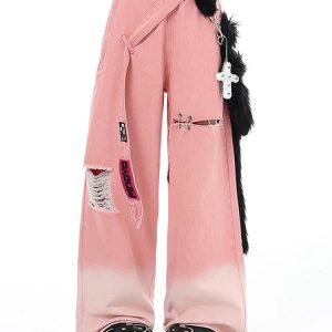 Y2K Style Pink High Waist Wide Leg Jeans with Belt - Streetwear Fashion for Women