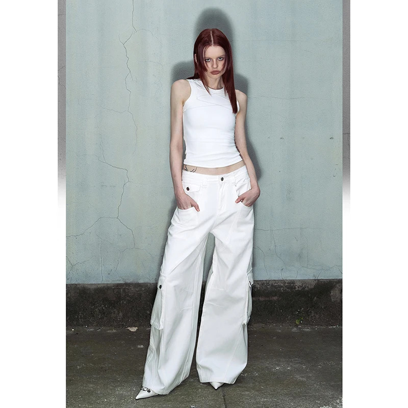 Y2K Style White Cargo Pants - Vintage High Waisted Straight Leg Trouser