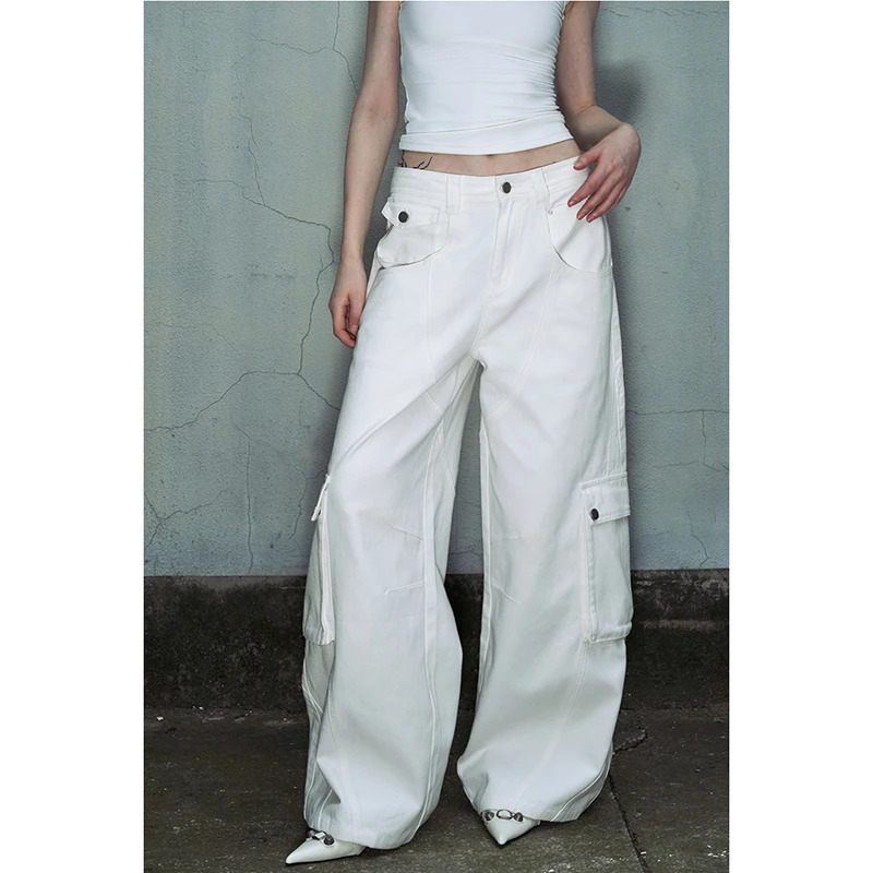 Y2K Style White Cargo Pants - Vintage High Waisted Straight Leg Trouser