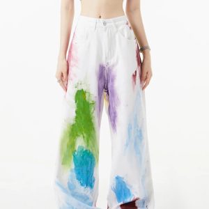 Y2K Style White High Waist Graffiti Streetwear Wide Leg Pants - Women's Fashion