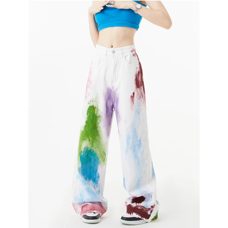 Y2K Style White High Waist Graffiti Streetwear Wide Leg Pants - Women's Fashion