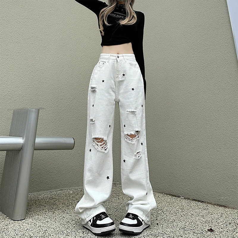 Y2K Style White High Waist Graffiti Streetwear Wide Leg Pants - Women's Fashion