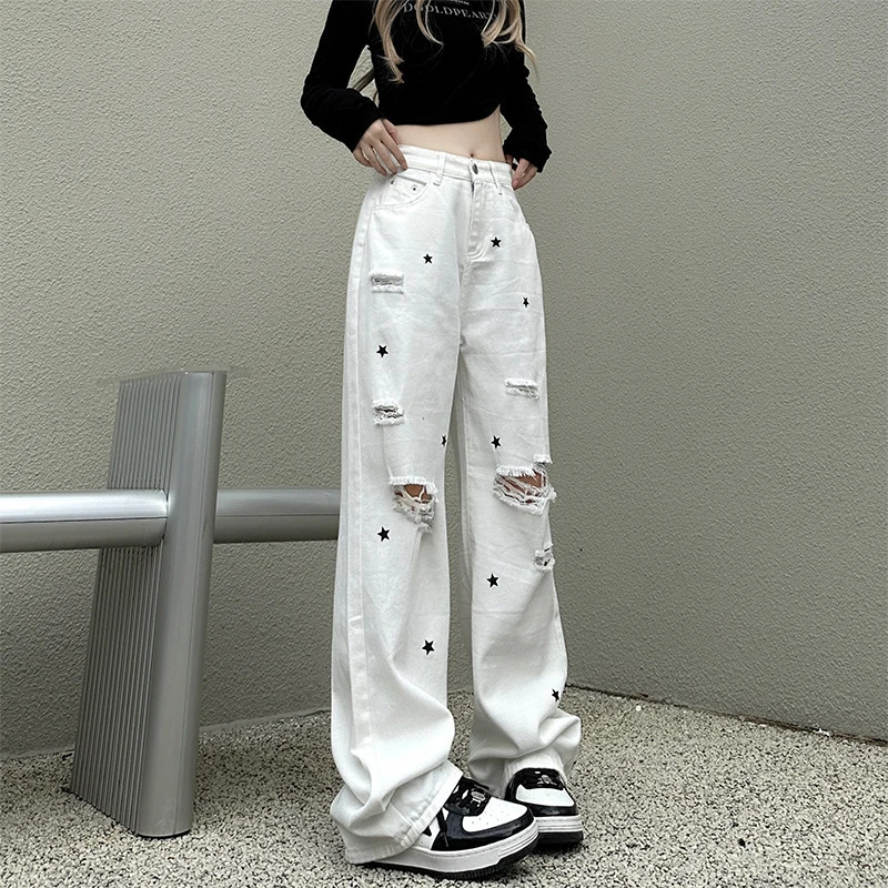 Y2K Style White High Waist Graffiti Streetwear Wide Leg Pants - Women's Fashion