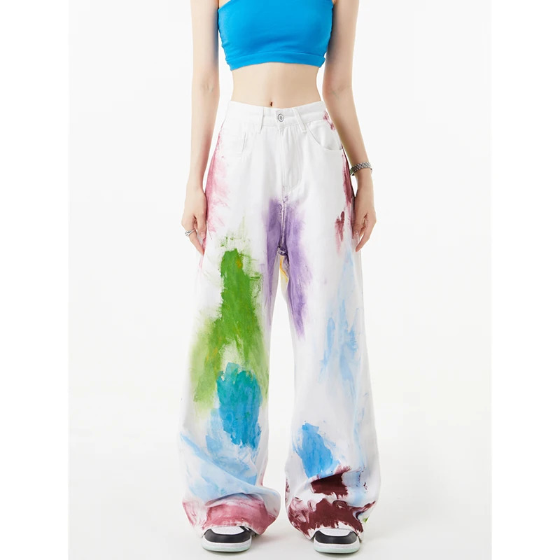 Y2K Style White High Waist Graffiti Streetwear Wide Leg Pants - Women's Fashion