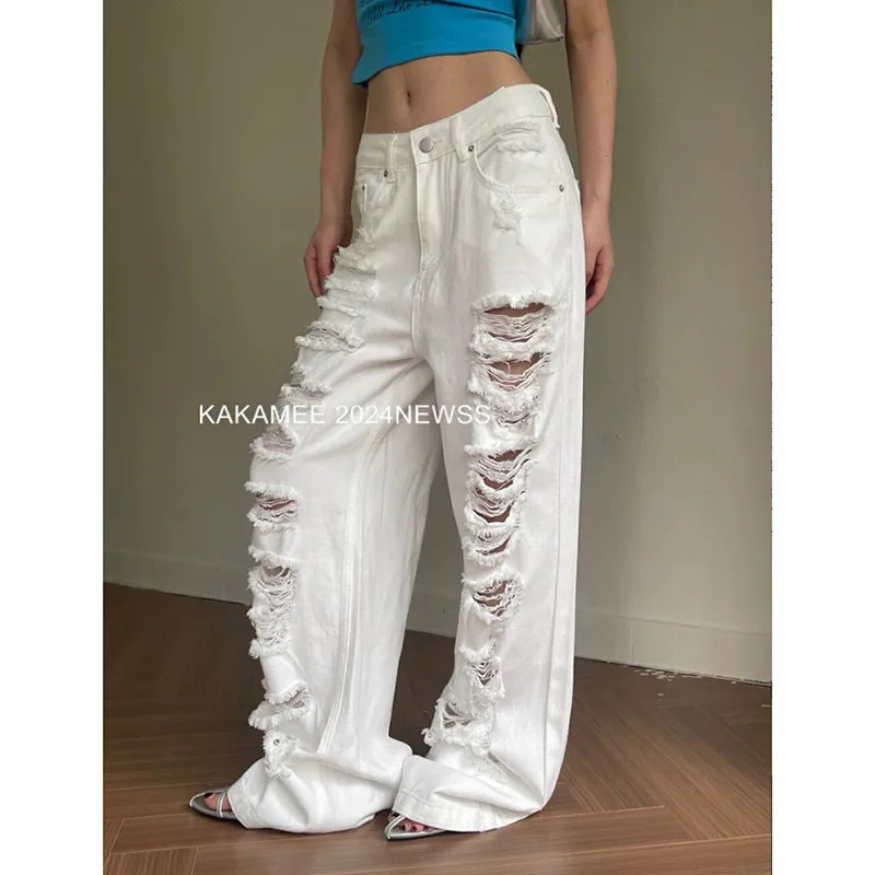 Y2K Style White Ripped Jeans - Harajuku Baggy Denim Trousers for Women