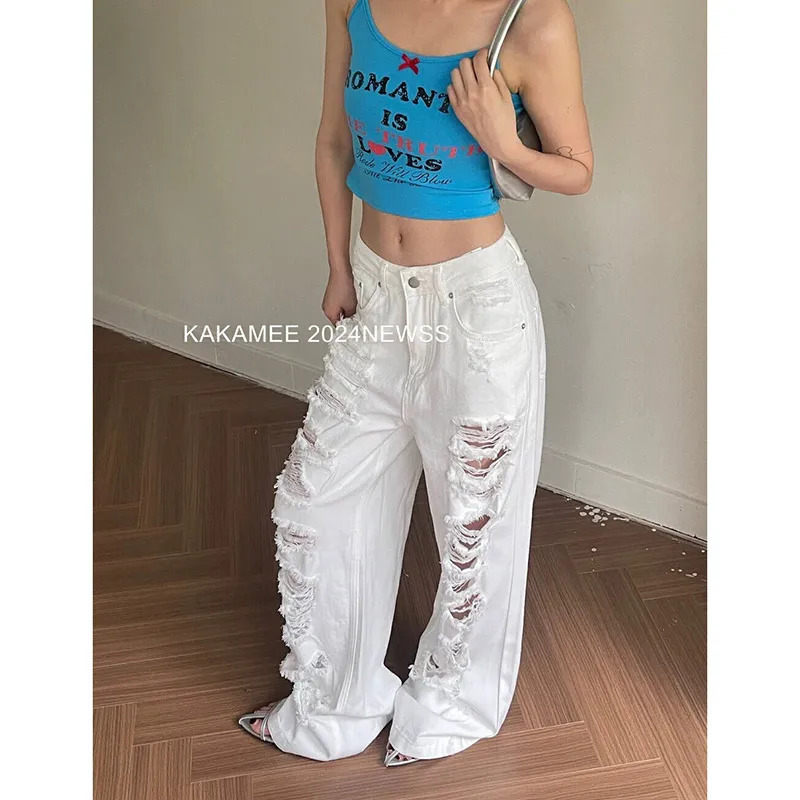 Y2K Style White Ripped Jeans - Harajuku Baggy Denim Trousers for Women