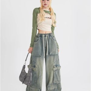 Y2K Style Women's Blue Jeans Cargo Pants - High Waist Streetwear Fashion