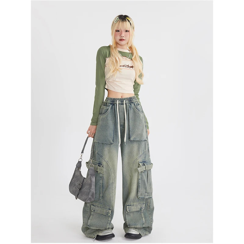 Y2K Style Women's Blue Jeans Cargo Pants - High Waist Streetwear Fashion