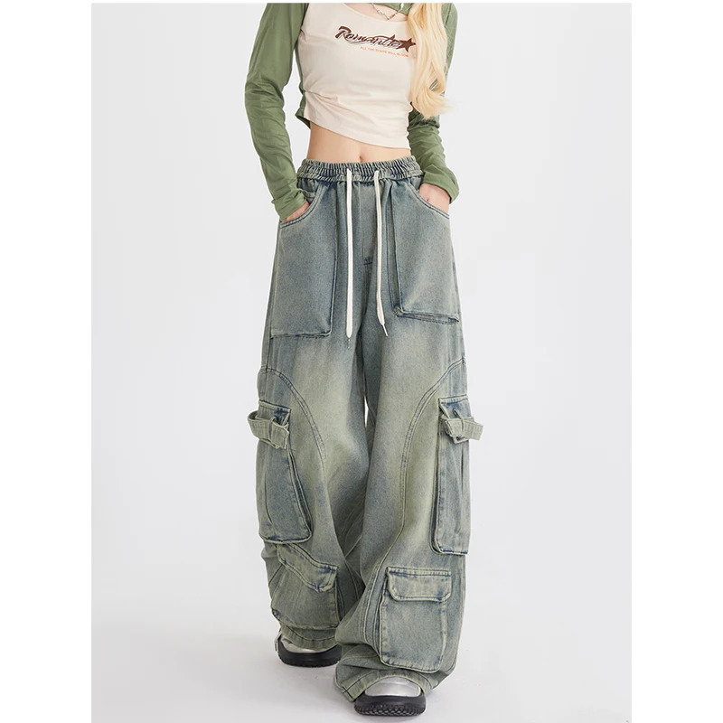 Y2K Style Women's Blue Jeans Cargo Pants - High Waist Streetwear Fashion