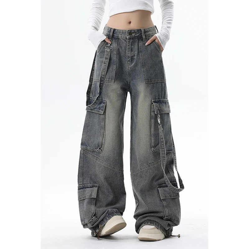 Y2K Style Women's Blue Jeans Cargo Pants - Streetwear High Waist American Wide Leg Fashion Trousers