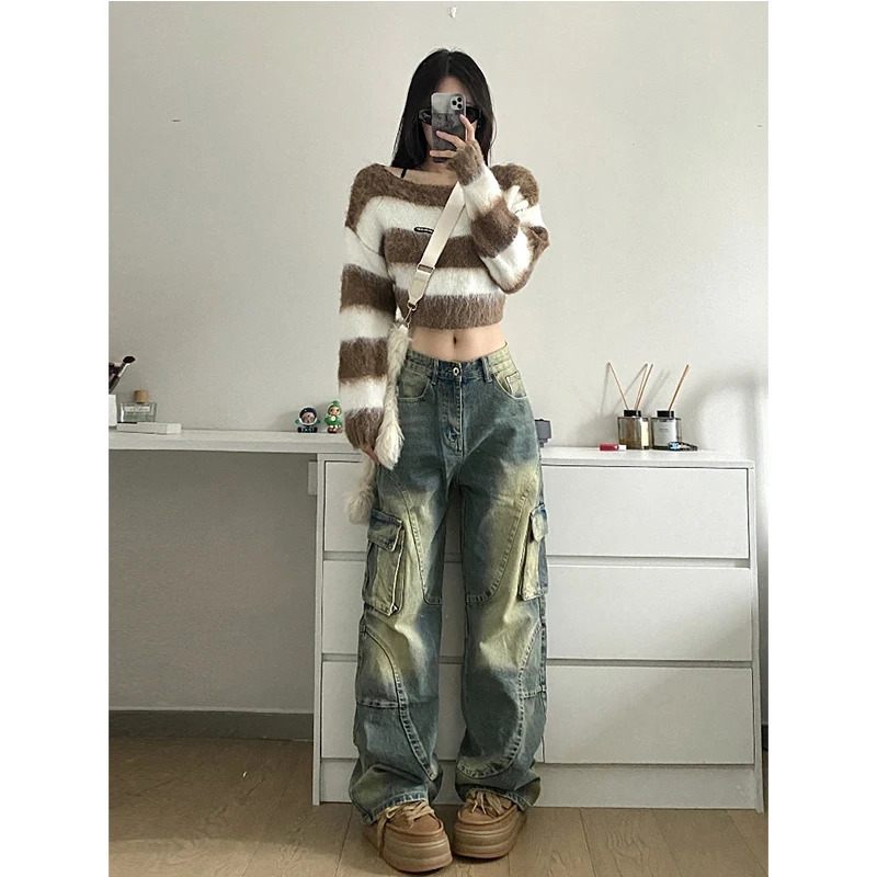 Y2K Style Women's Blue Jeans Cargo Pants - Streetwear High Waist American Wide Leg Fashion Trousers