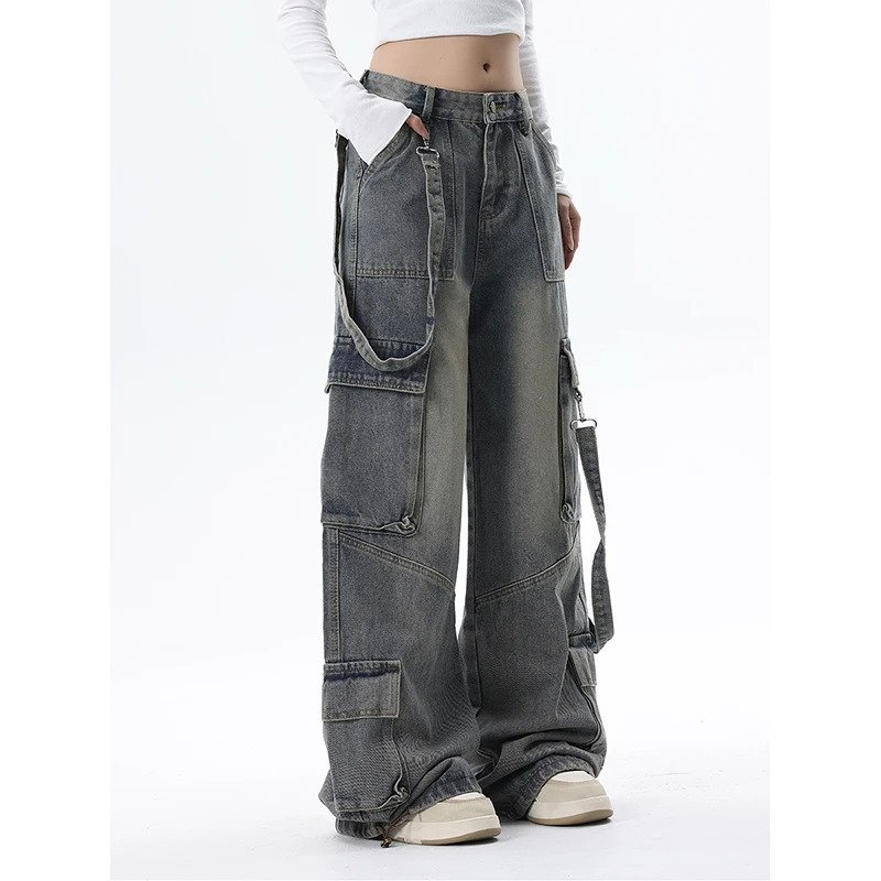 Y2K Style Women's Blue Jeans Cargo Pants - Streetwear High Waist American Wide Leg Fashion Trousers