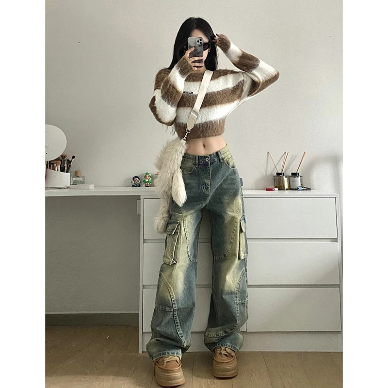 Y2K Style Women's Blue Jeans Cargo Pants - Streetwear High Waist American Wide Leg Fashion Trousers