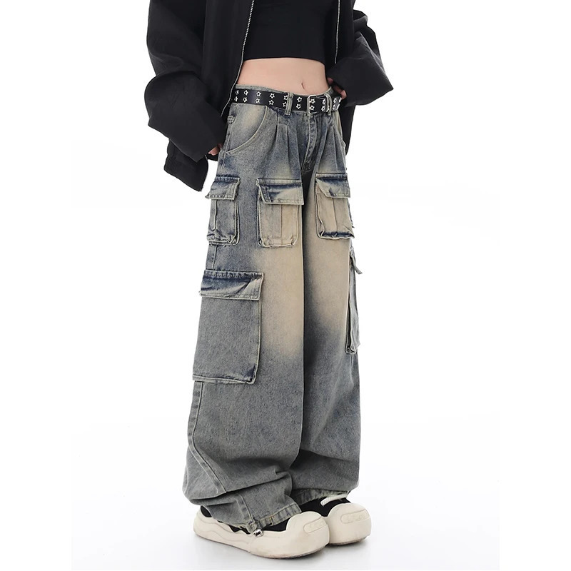 Y2K Style Women's Blue Jeans Cargo Pants - Streetwear High Waist American Wide Leg Fashion Trousers