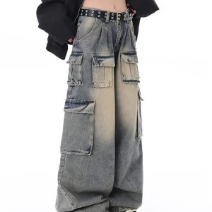 Y2K Style Women's Blue Jeans Cargo Pants - Streetwear High Waist American Wide Leg Fashion Trousers