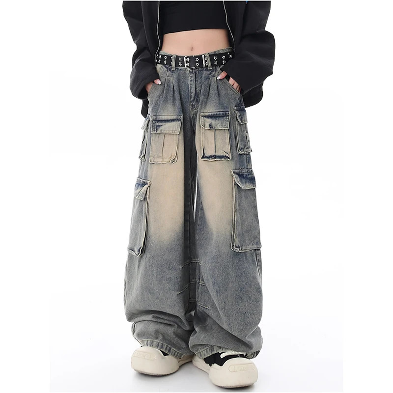 Y2K Style Women's Blue Jeans Cargo Pants - Streetwear High Waist American Wide Leg Fashion Trousers